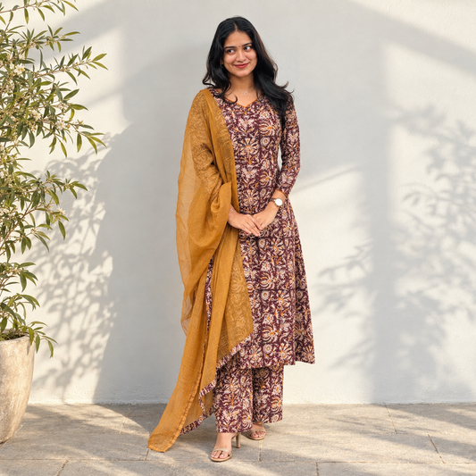 Dharani - Kalamkari Handblock Printed Kurta and Kota Dupatta Set