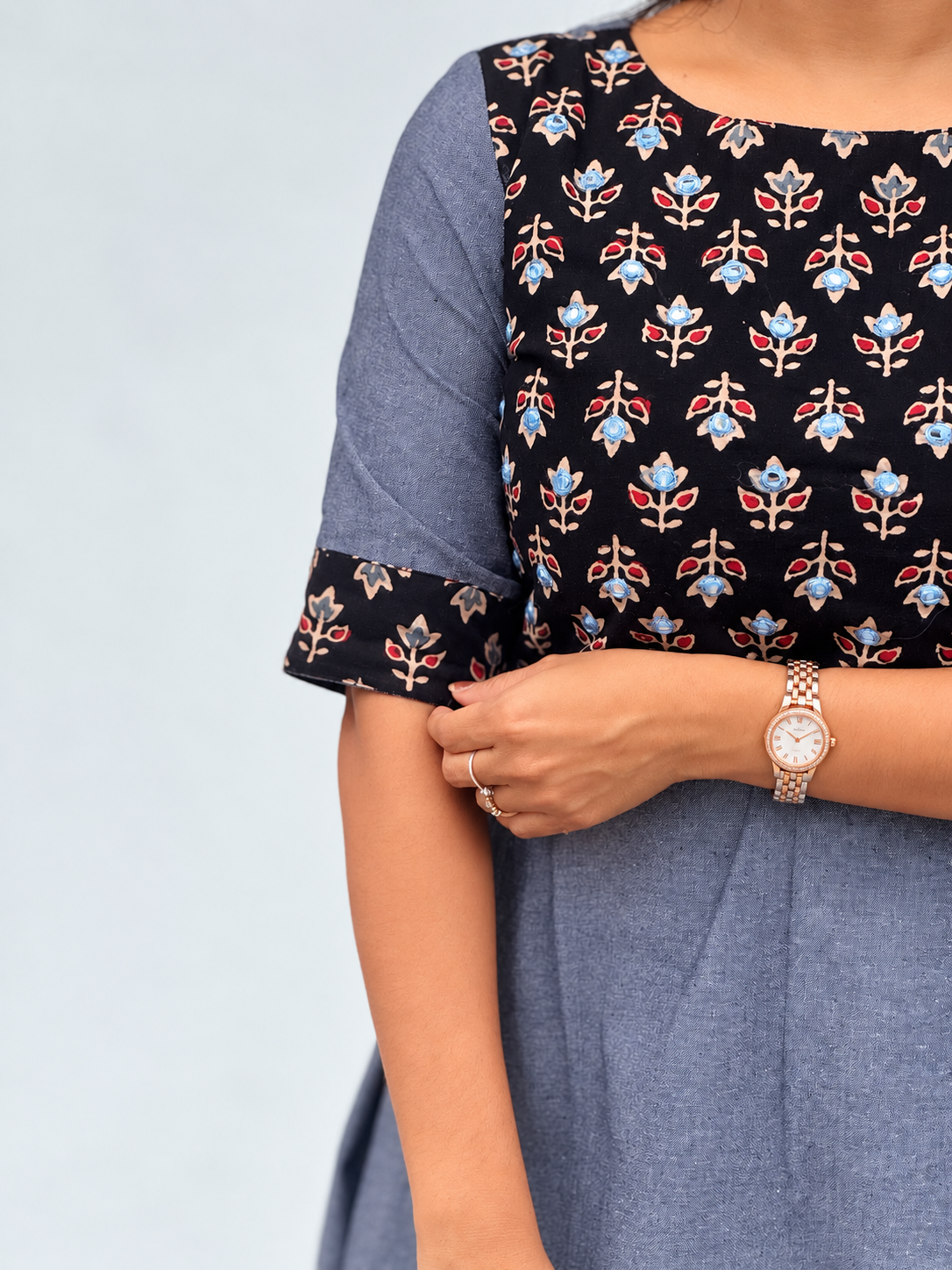 Megha - Mirror Embroidered Ajrakh Fusion A line Kurta