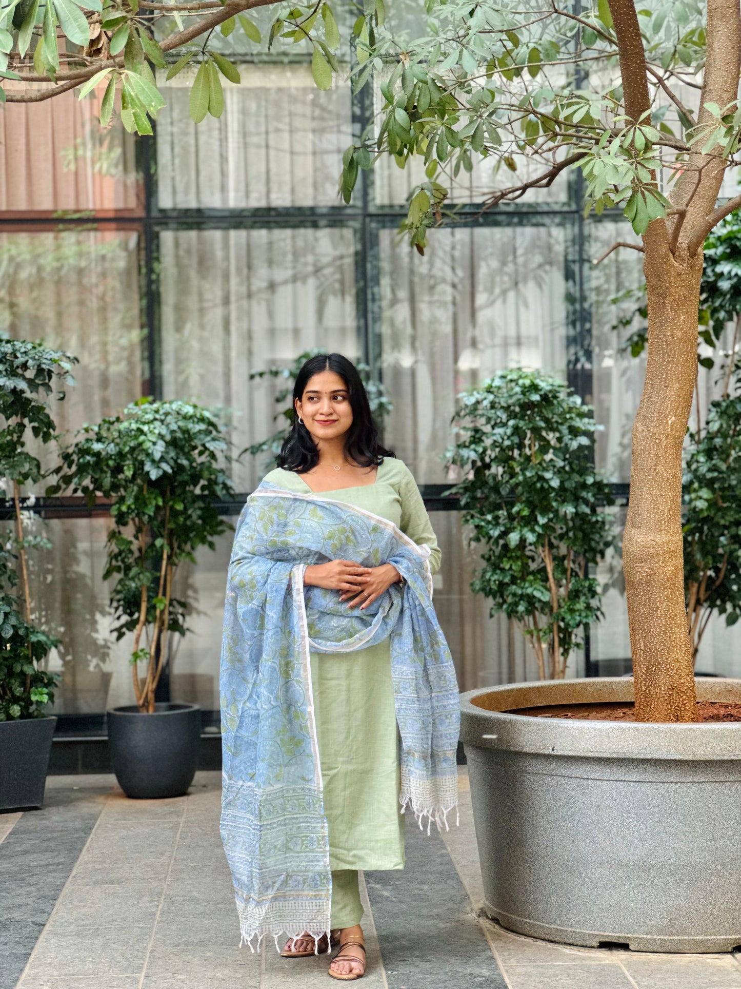 Sindhuja - Slub Cotton Kurta and Sanganeri Handblock Printed Dupatta Set