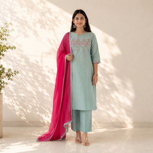 Kamali - Handloom Cotton Embroidered Straight Kurta and Kota Dupatta Set
