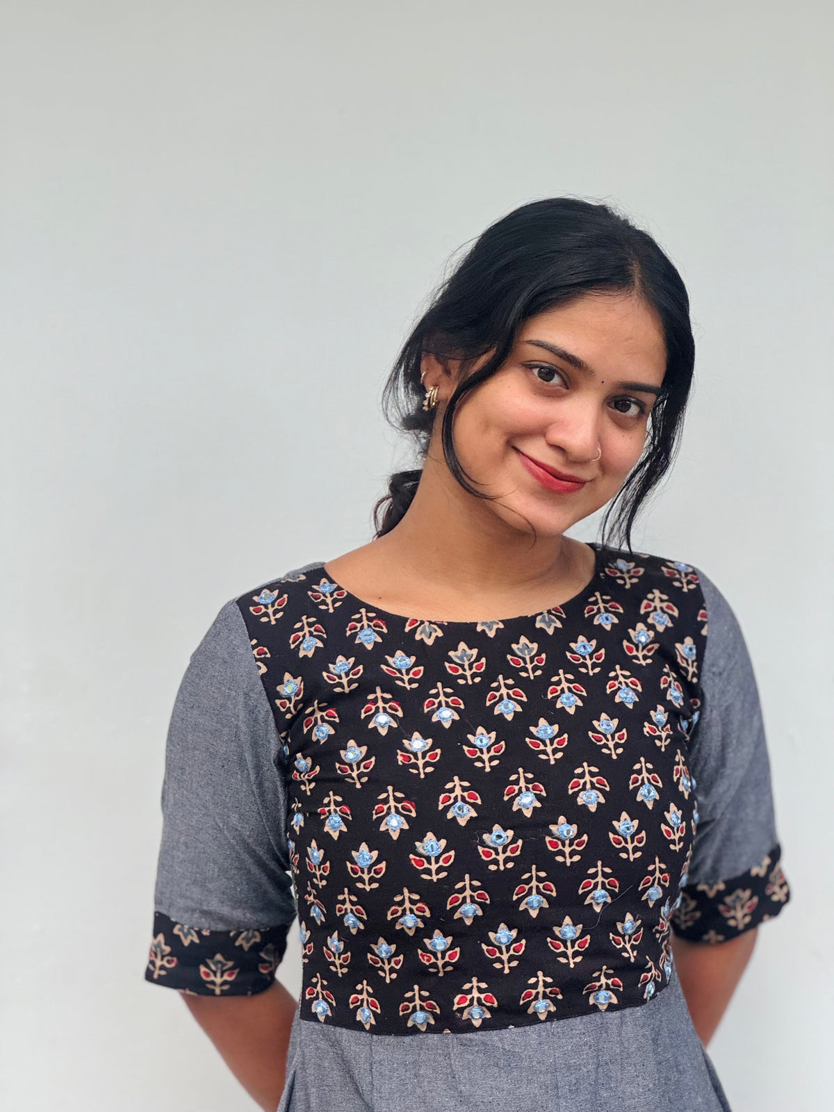 Megha - Mirror Embroidered Ajrakh Fusion A line Kurta