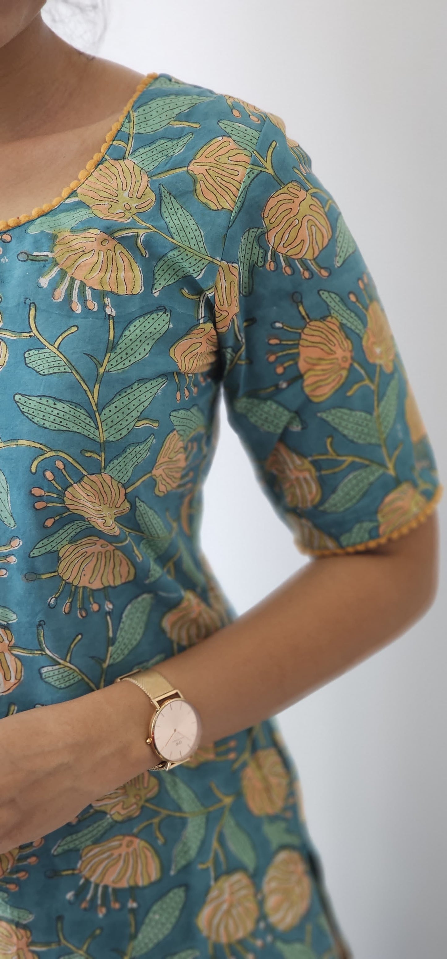 Aqua Blossom - Sanganeri Handblock Printed Mul cotton Kurta