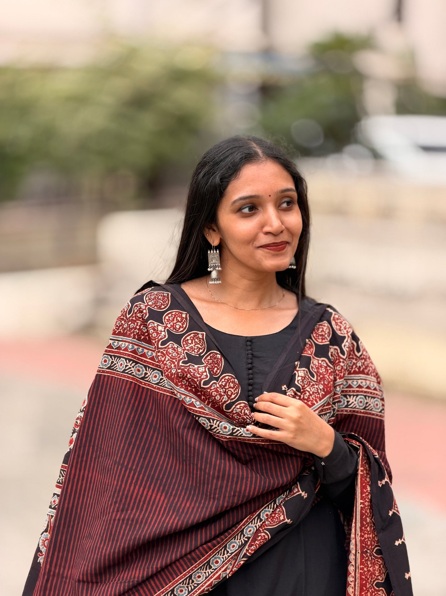 Kaarigai - Black A line Kurta and Ajrakh Handblock Printed Dupatta Set