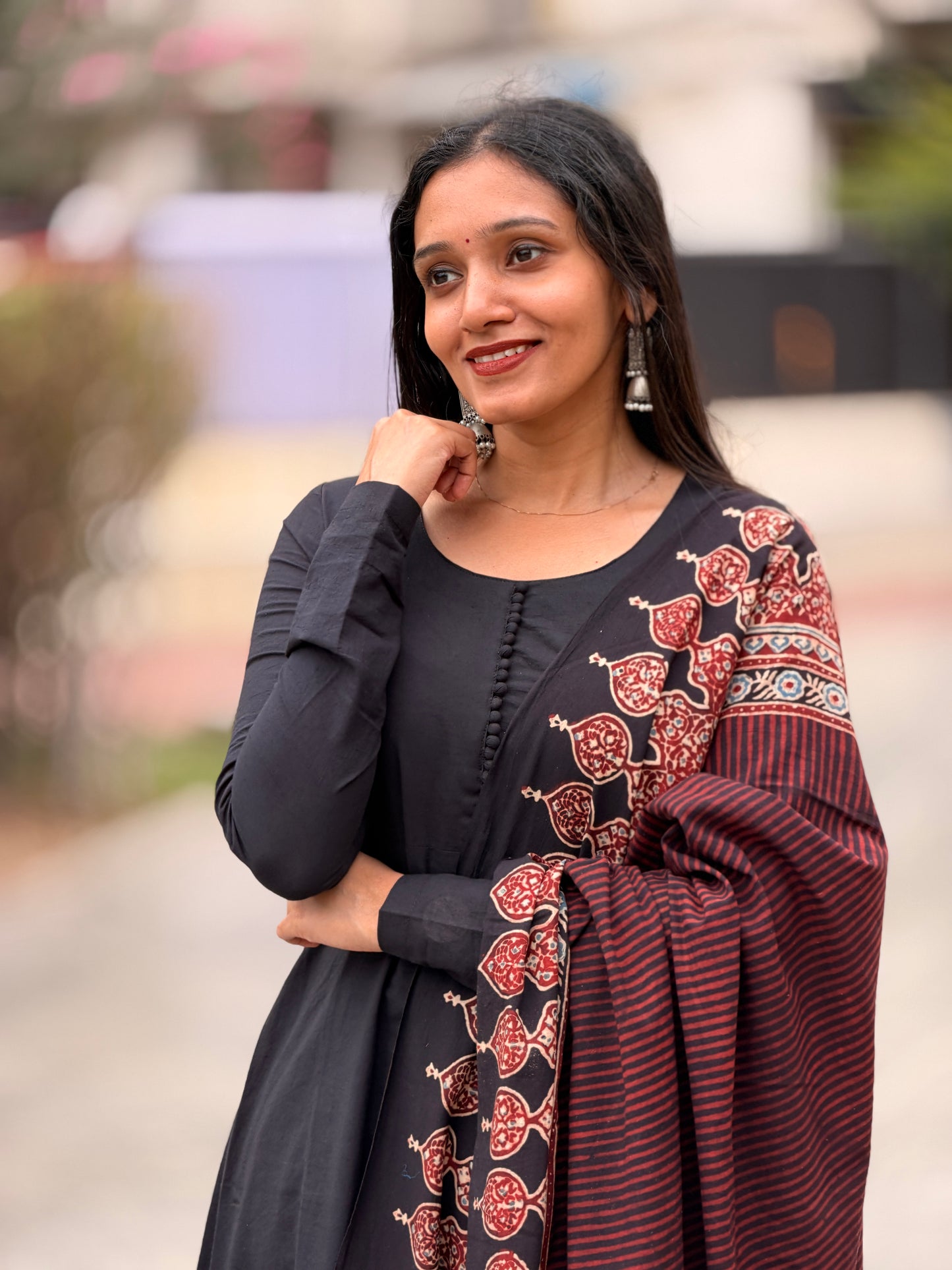 Kaarigai - Black A line Kurta and Ajrakh Handblock Printed Dupatta Set