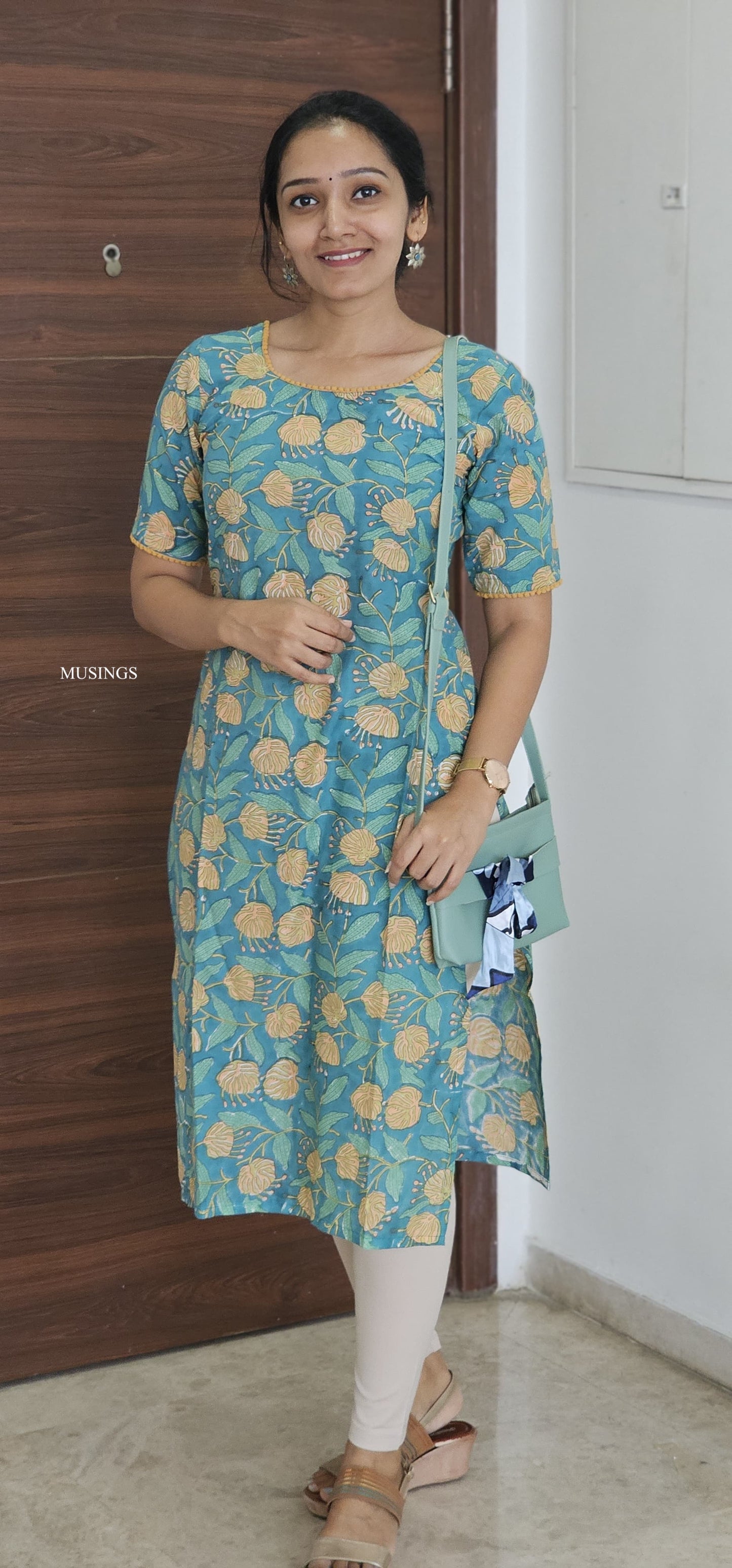 Aqua Blossom - Sanganeri Handblock Printed Mul cotton Kurta