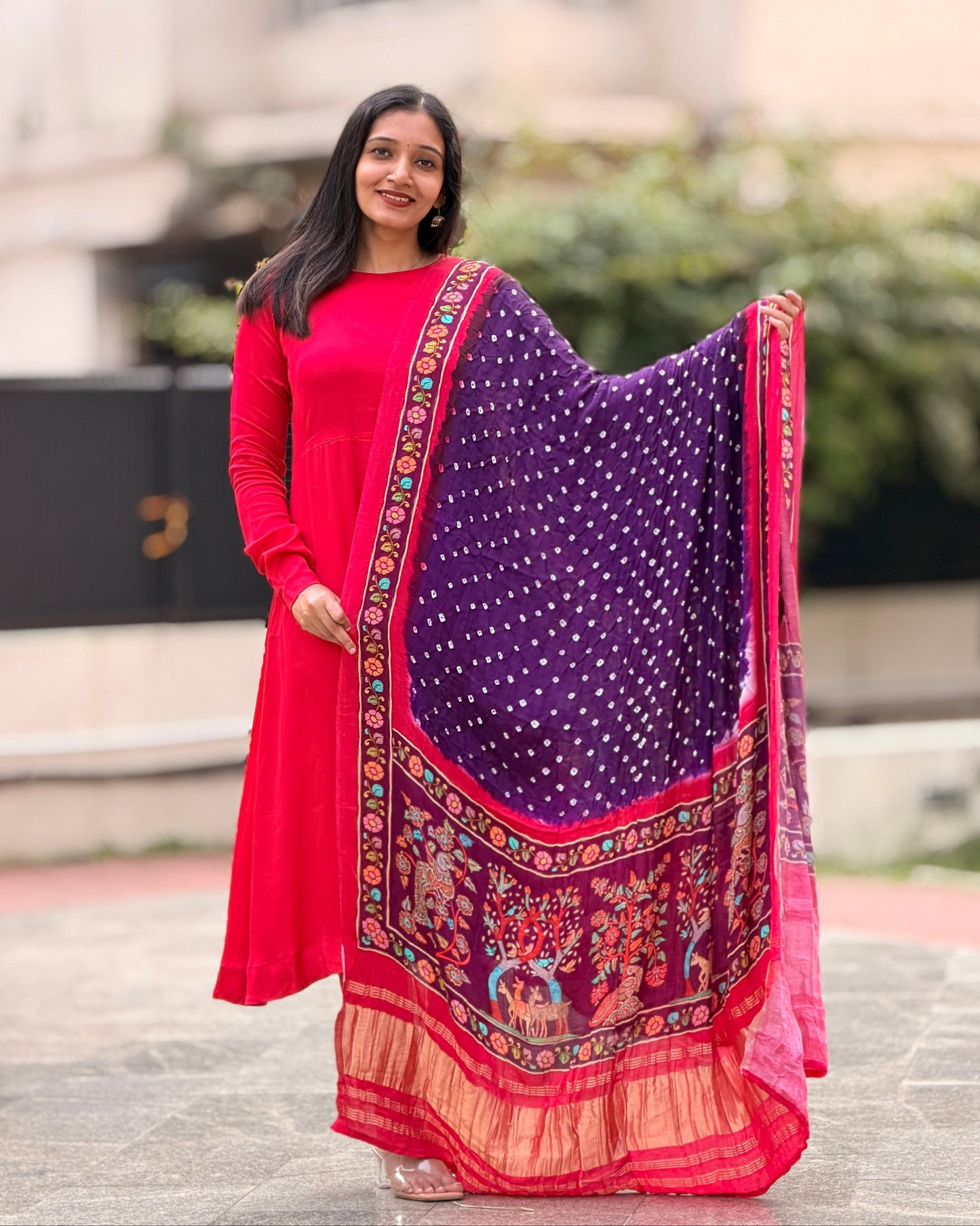 Avantika - Purple Bandhini x Kalamkari Lagda Patti Modal Silk Dupatta