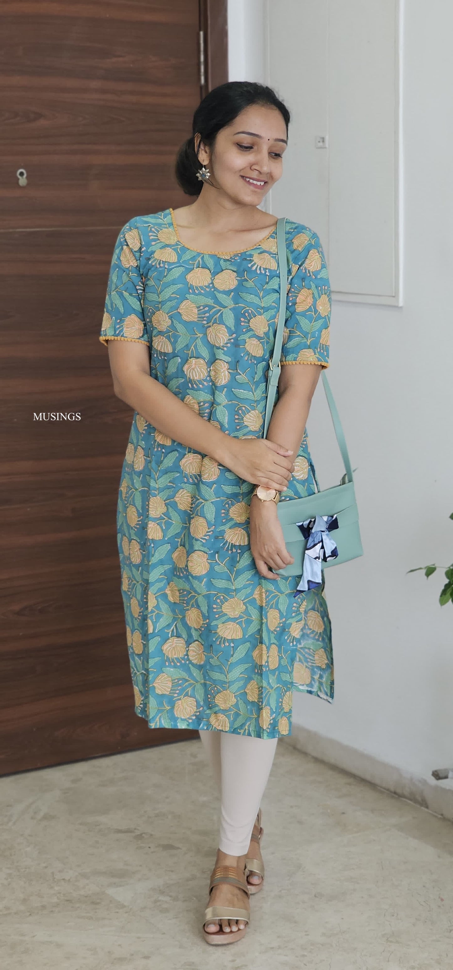 Aqua Blossom - Sanganeri Handblock Printed Mul cotton Kurta