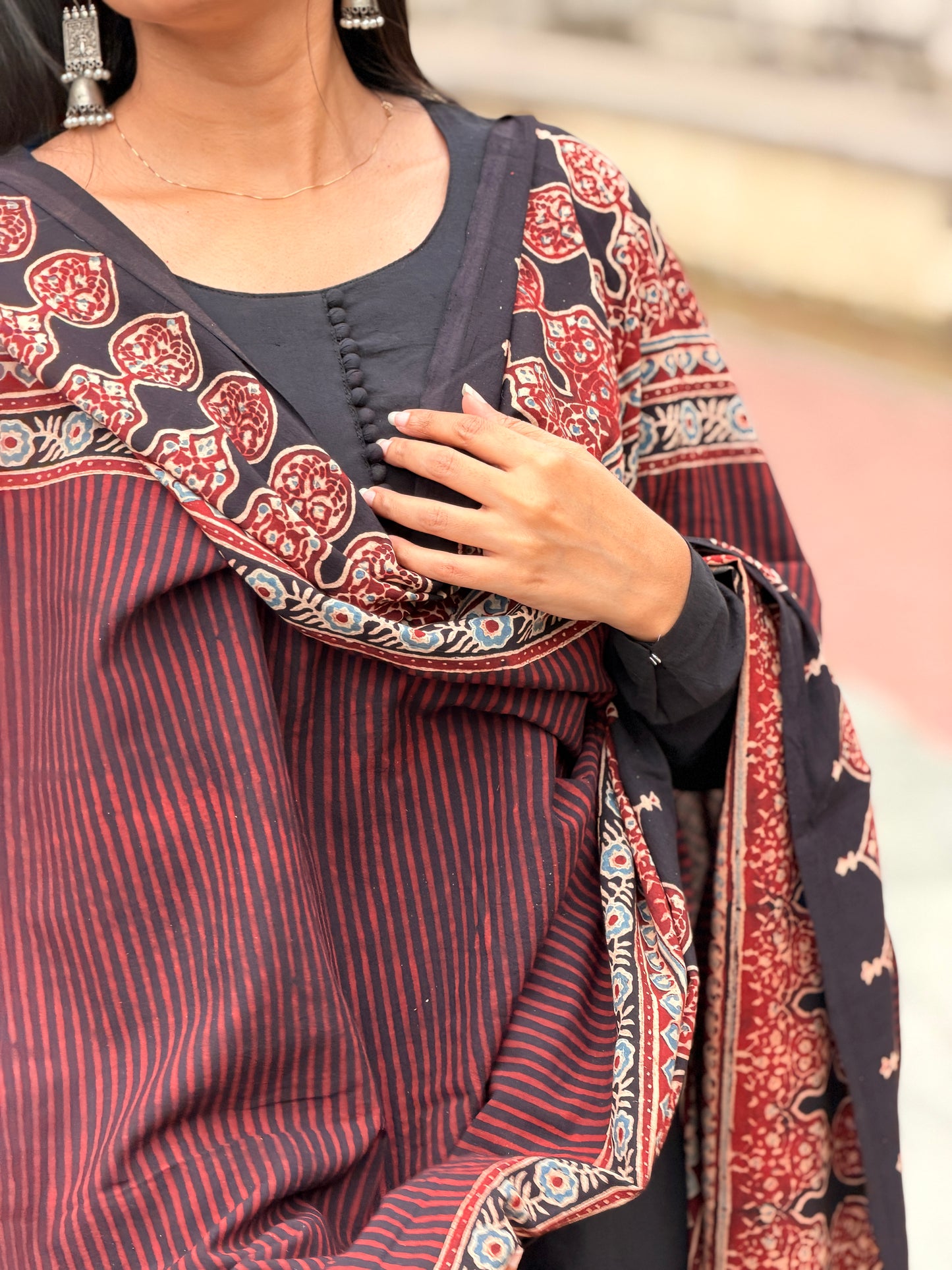 Kaarigai - Black A line Kurta and Ajrakh Handblock Printed Dupatta Set