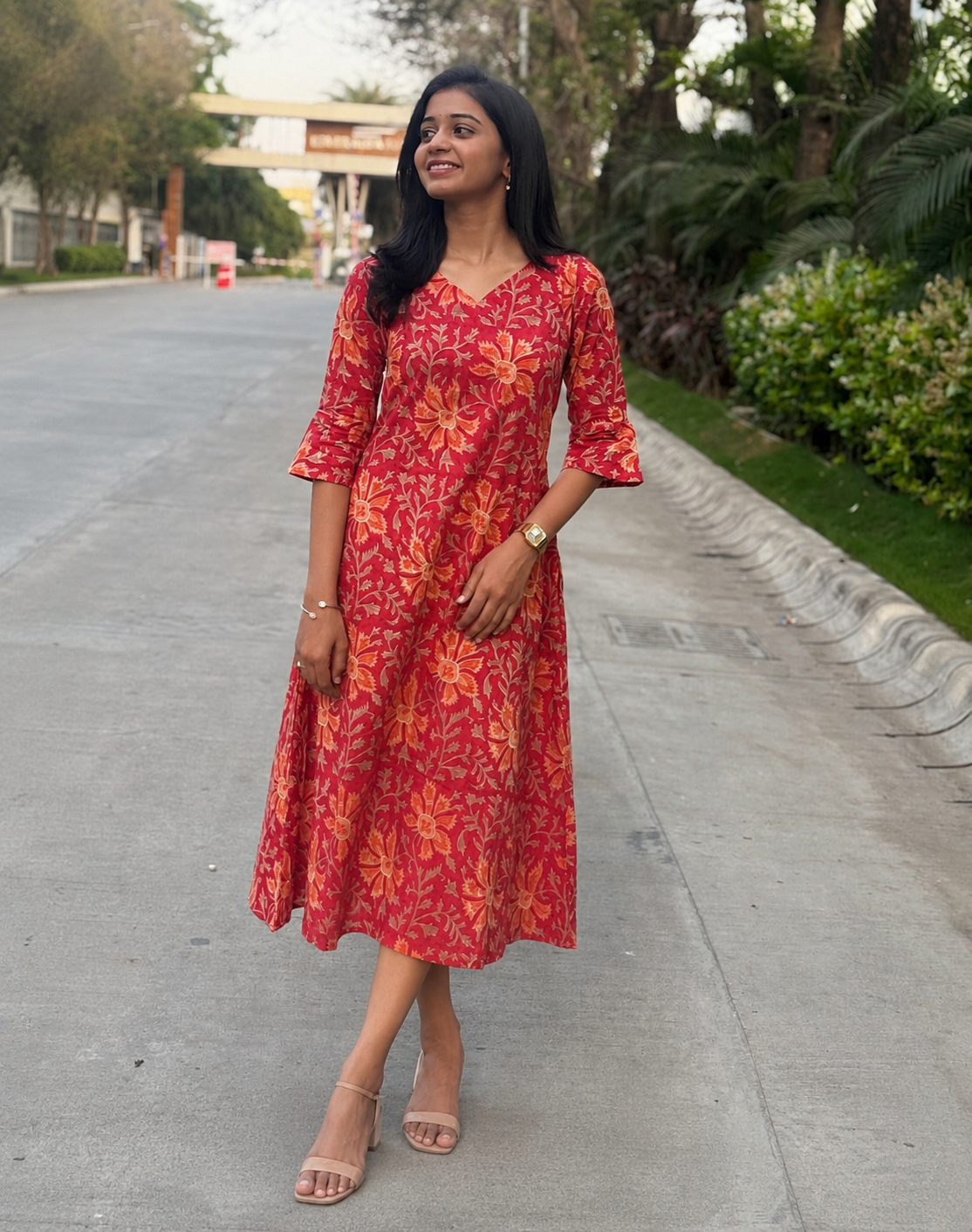 Tanmay - Sanganeri Handblock printed A-line Dress