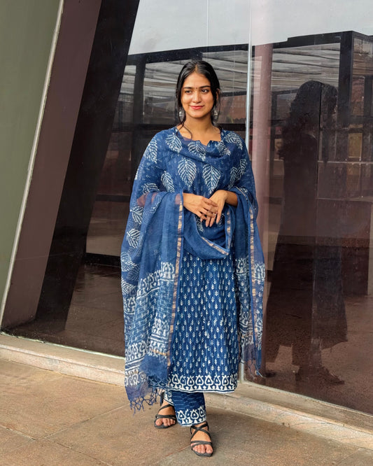 Niharika Indigo - Handblock Printed Kurta Set with Indigo Kota Dupatta