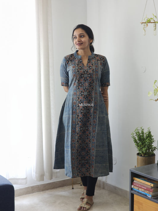 Taara - Indigo Ajrakh Natural Dyed Handblock Printed A line Kurta