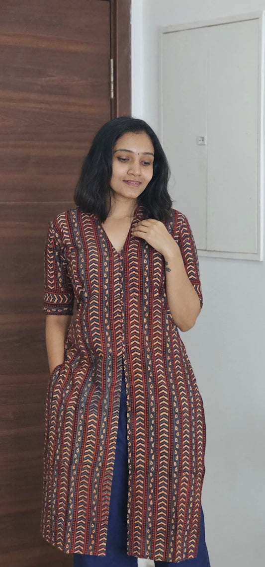 Rachana - Ajrakh Handblock Printed Kurta & Handloom Parallel Pants