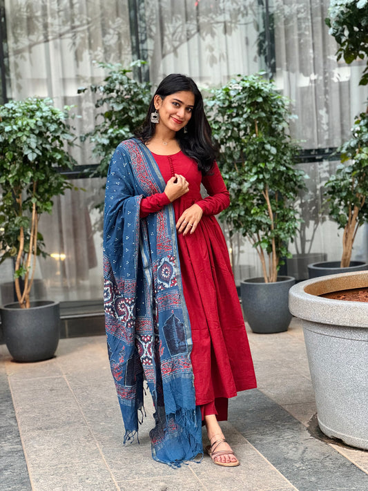 Agni - A line Kurta and Ajrakh Handblock Printed Dupatta Set