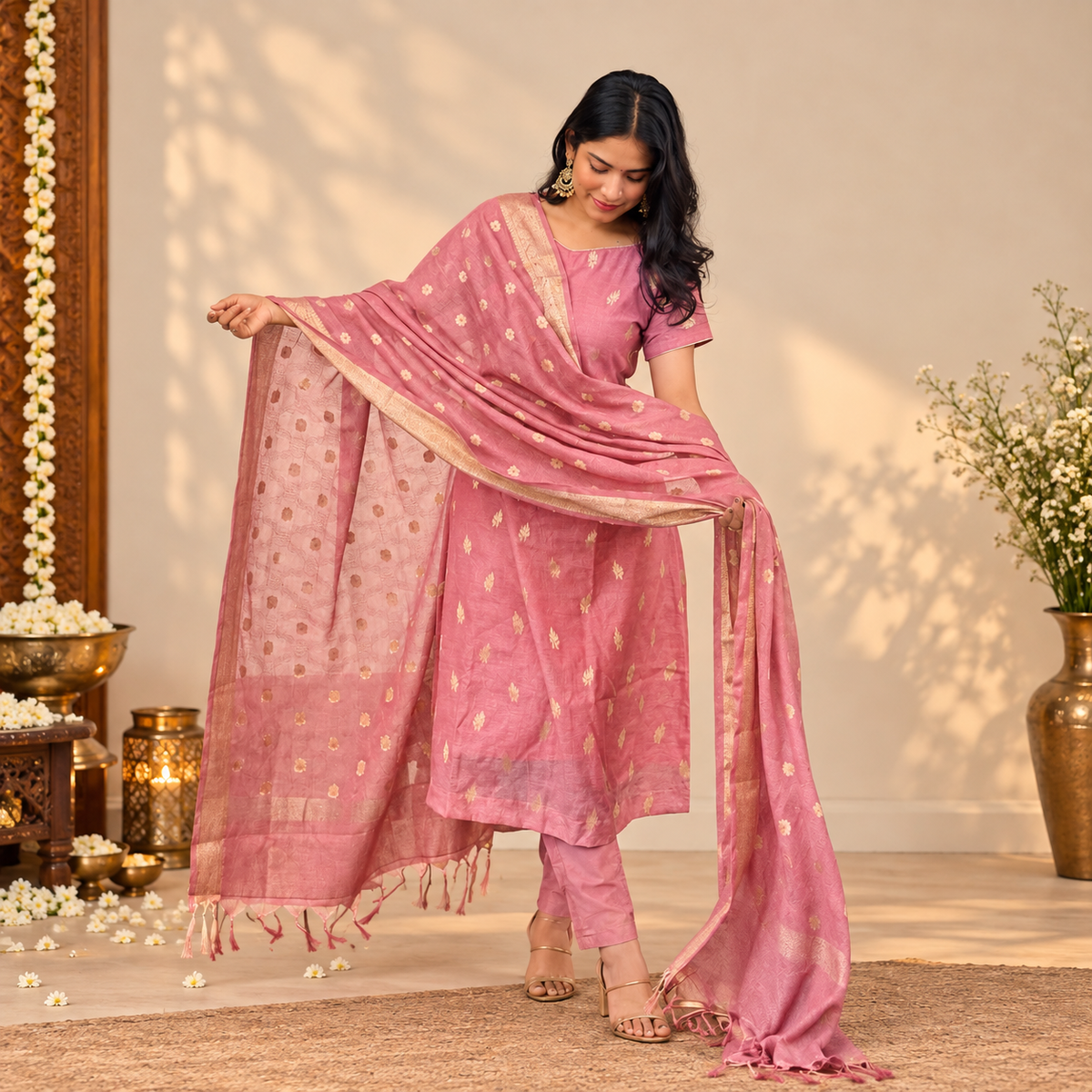 Raaga - Peach Pink Semi Banarasi Silk Suit