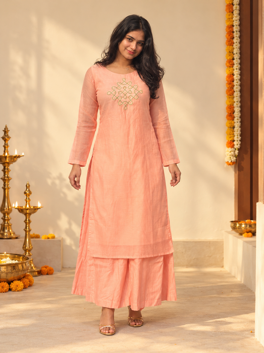 Aaba - Peach Pure Chanderi Silk Palazzo Pants