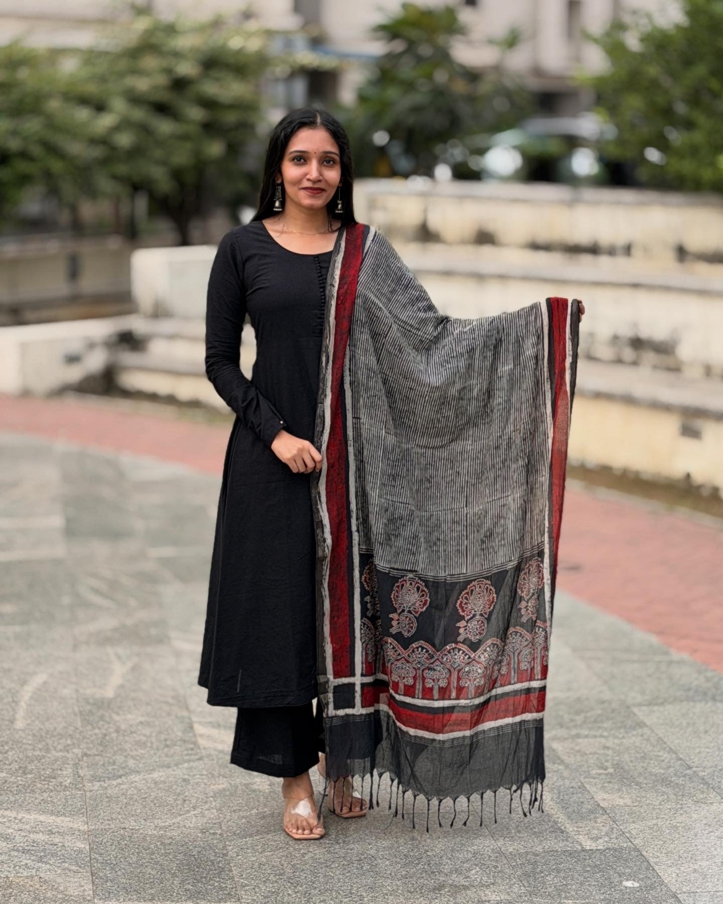 Thira - Black A line Kurta and Ajrakh Handblock Printed Barmer Dupatta Set