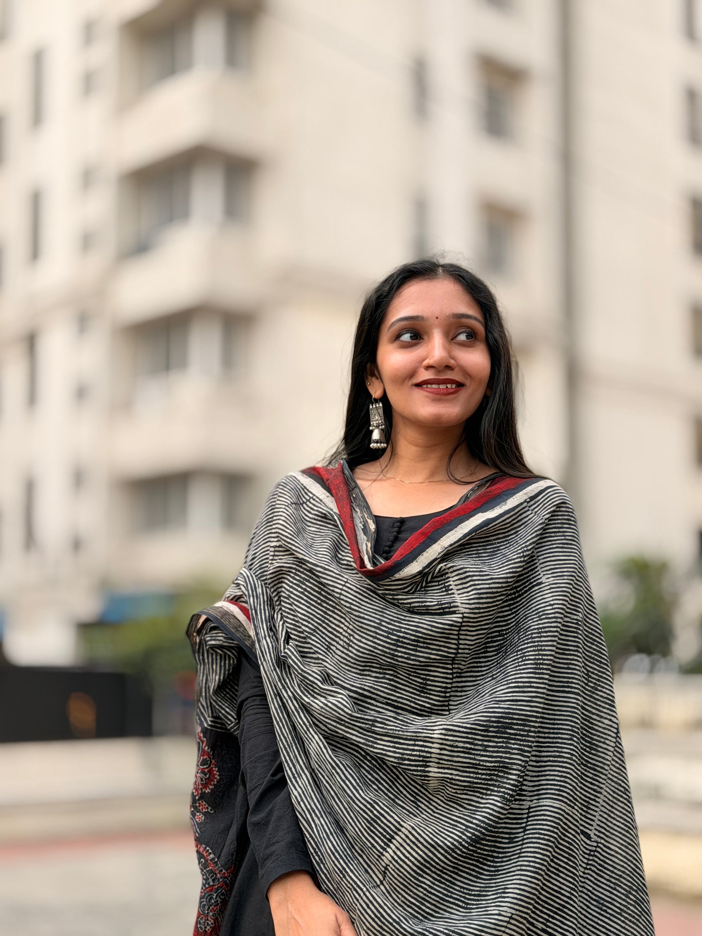 Thira - Black A line Kurta and Ajrakh Handblock Printed Barmer Dupatta Set