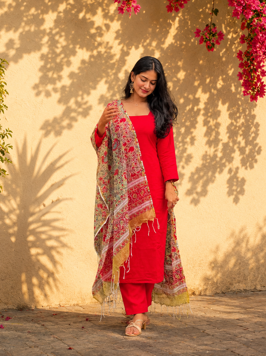 Gulmohar - Slub Cotton Kurta and Sanganeri Handblock Printed Dupatta Set