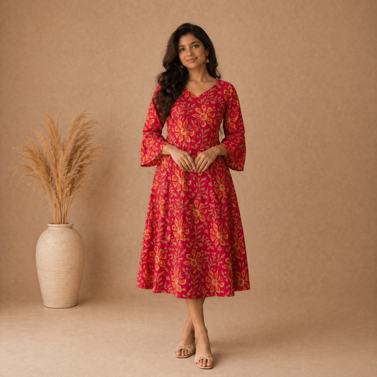 Tanmay - Sanganeri Handblock printed A-line Dress