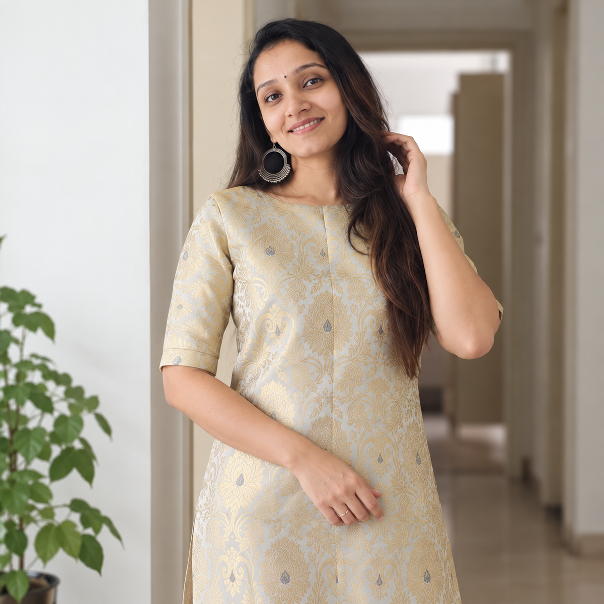 Raaga - Grey Semi-Banarasi Silk Kurta