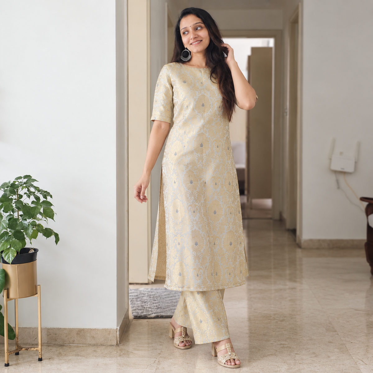 Raaga - Grey Semi-Banarasi Silk Kurta