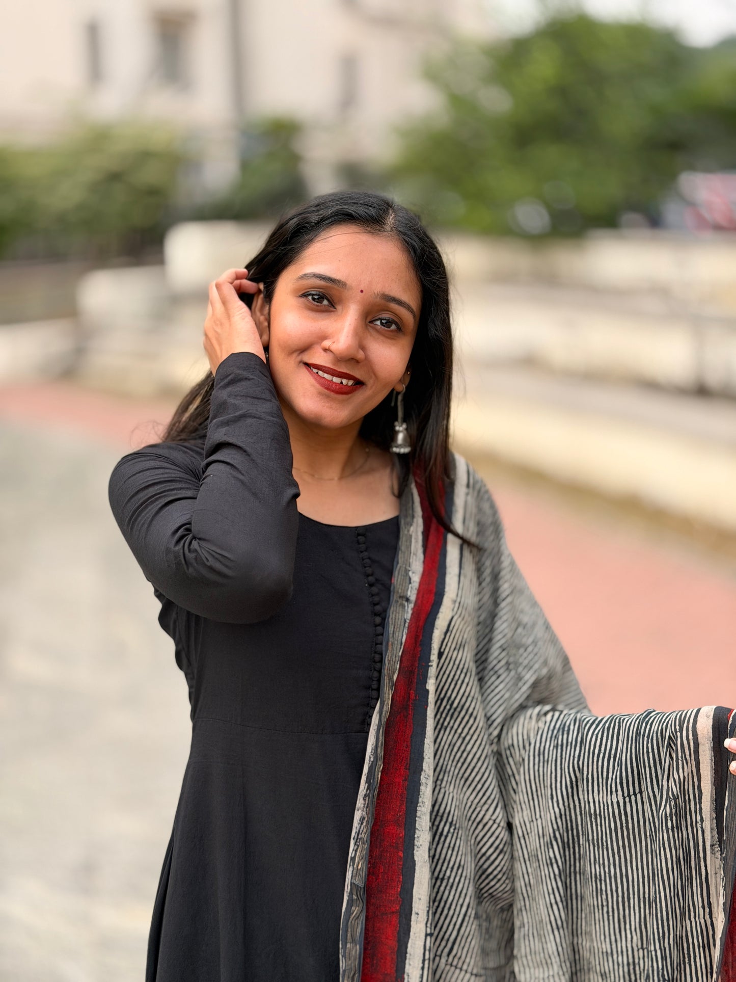 Thira - Black A line Kurta and Ajrakh Handblock Printed Barmer Dupatta Set