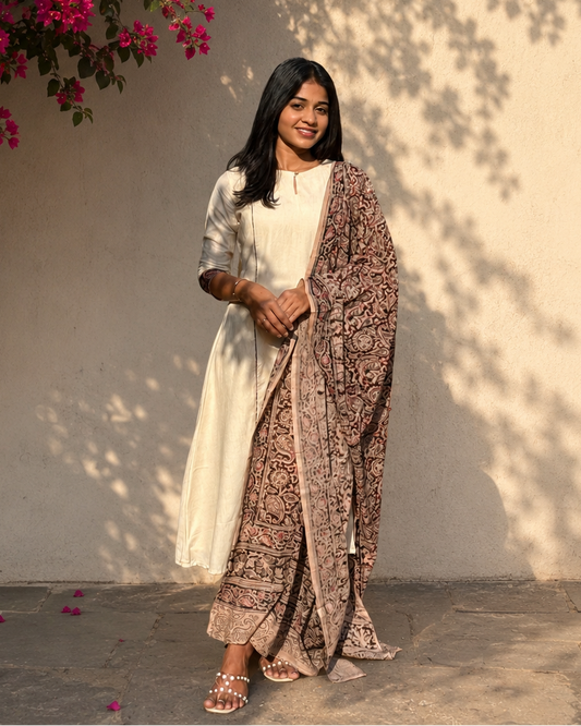 Vaayu - Handloom X Kalamkari Fusion A-line Kurta & Dupatta Set