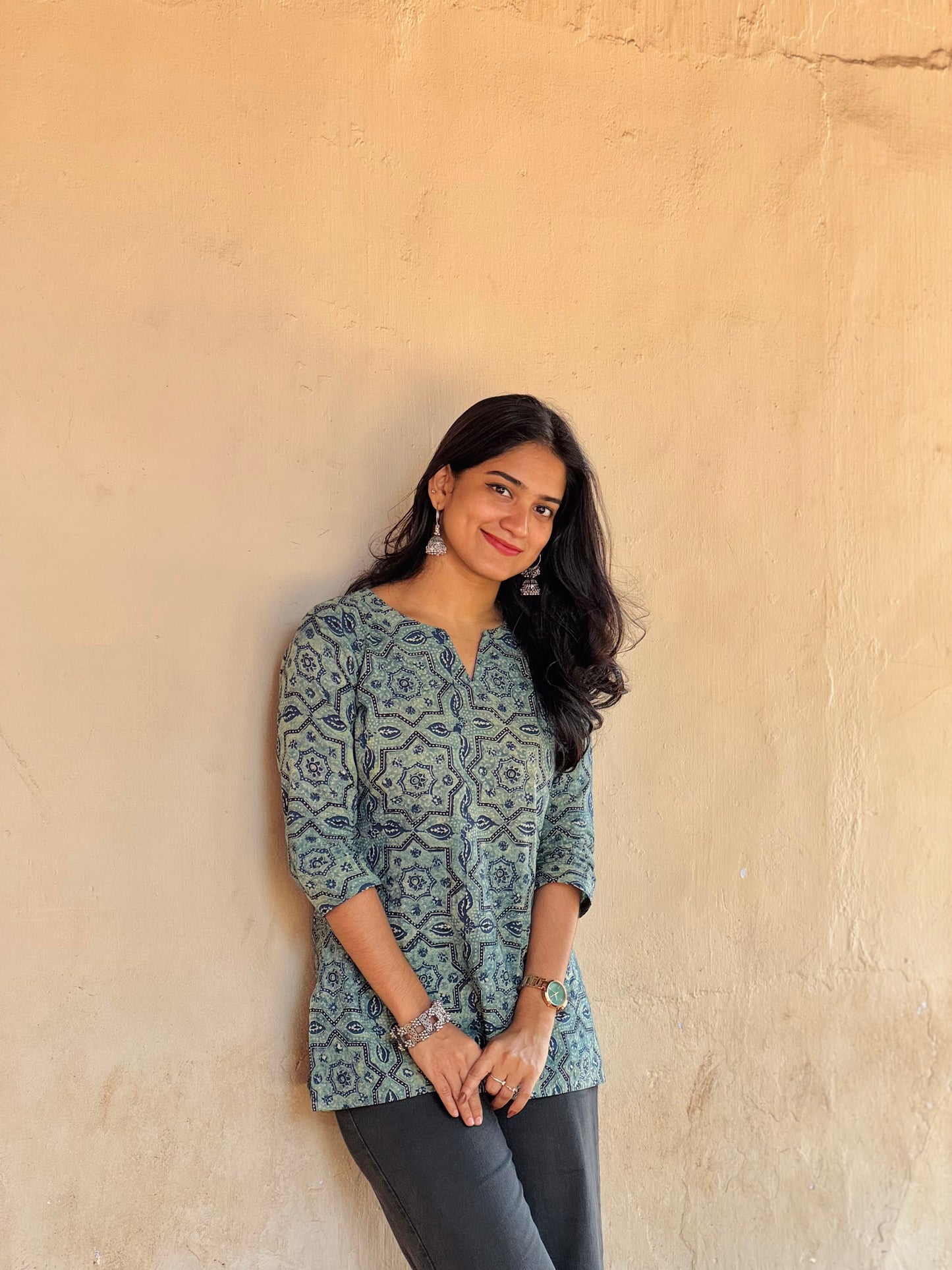 Soma - Teal Barmer Ajrakh Short Kurta