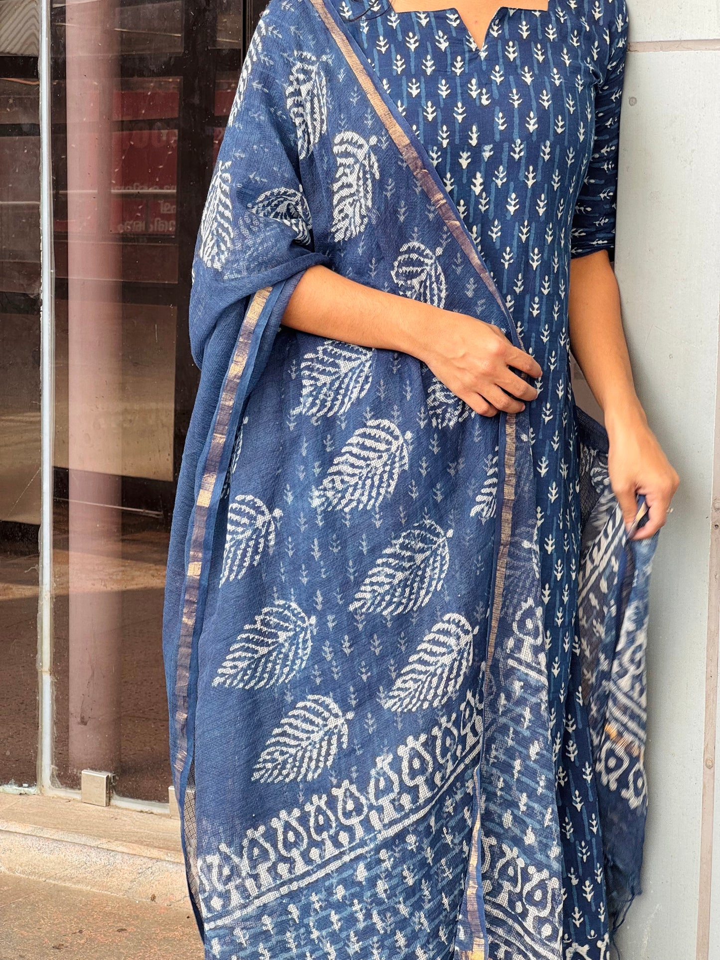 Niharika Indigo - Handblock Printed Kurta Set with Indigo Kota Dupatta