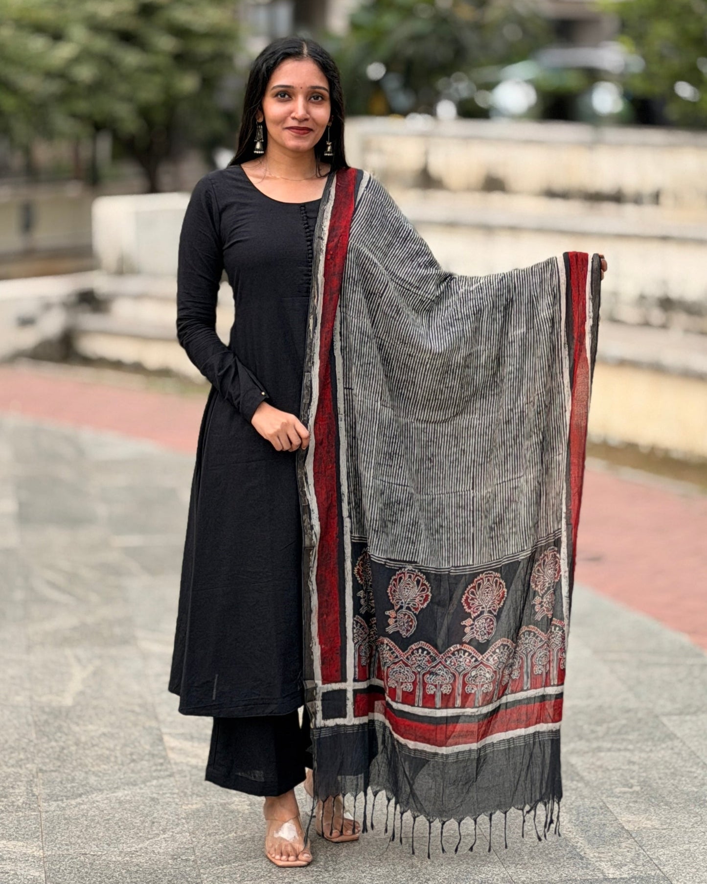 Thira - Black A line Kurta and Ajrakh Handblock Printed Barmer Dupatta Set