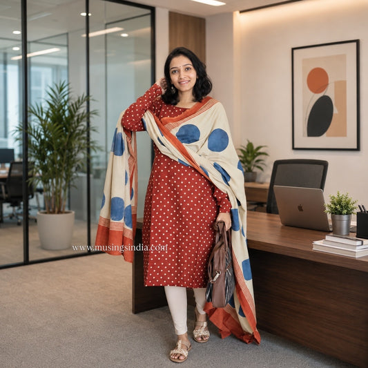 Indira - Polka Dots Ajrakh Handblock Printed Kurta