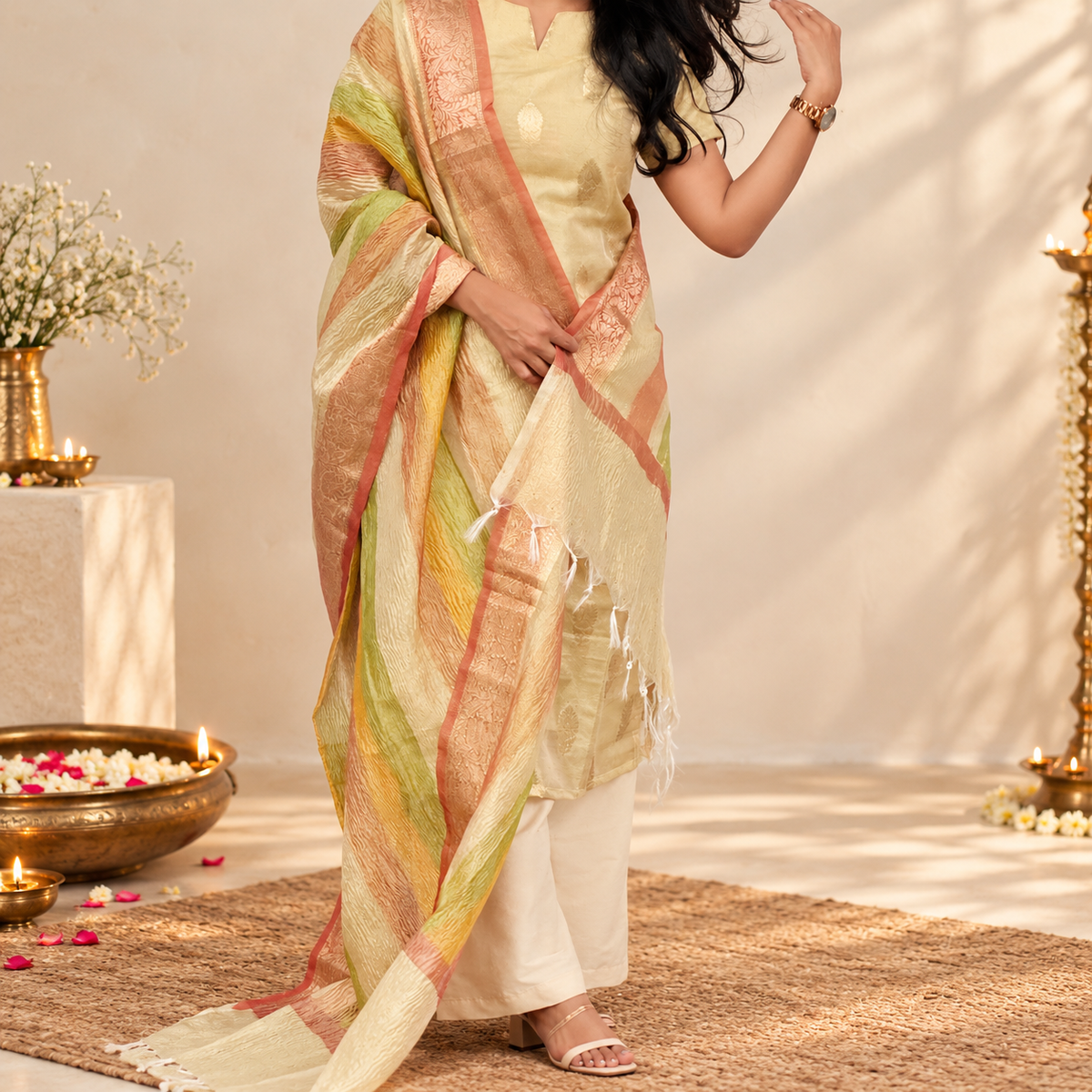 Raaga - Gold Tissue Semi Banarasi Silk Suit