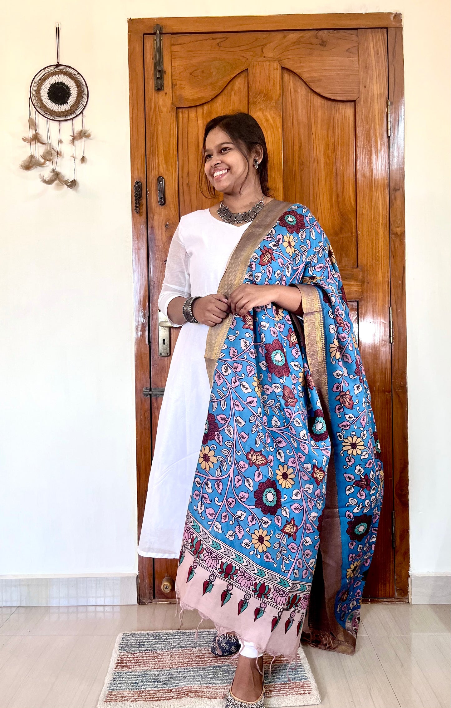 Mayuri - Pen Kalamkari on Bangalore Silk Dupatta