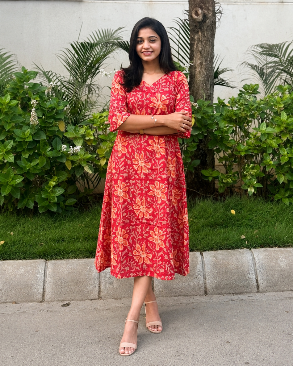 Tanmay - Sanganeri Handblock printed A-line Dress