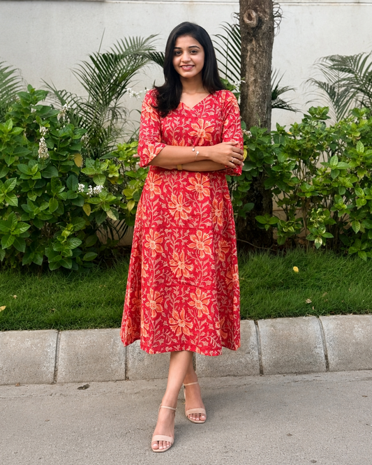 Tanmay - Sanganeri Handblock printed A-line Dress