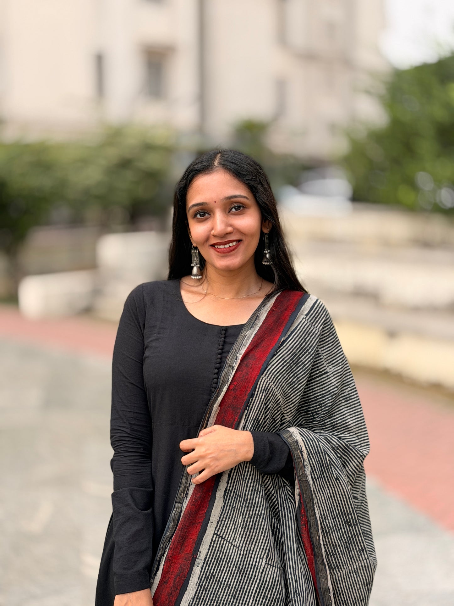 Thira - Black A line Kurta and Ajrakh Handblock Printed Barmer Dupatta Set