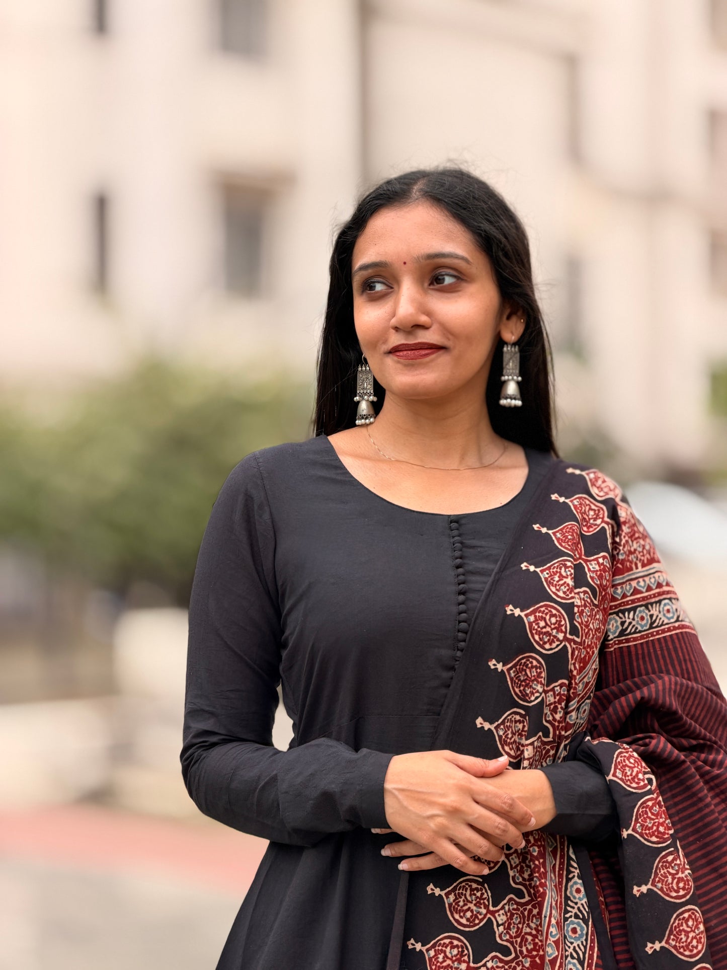 Kaarigai - Black A line Kurta and Ajrakh Handblock Printed Dupatta Set