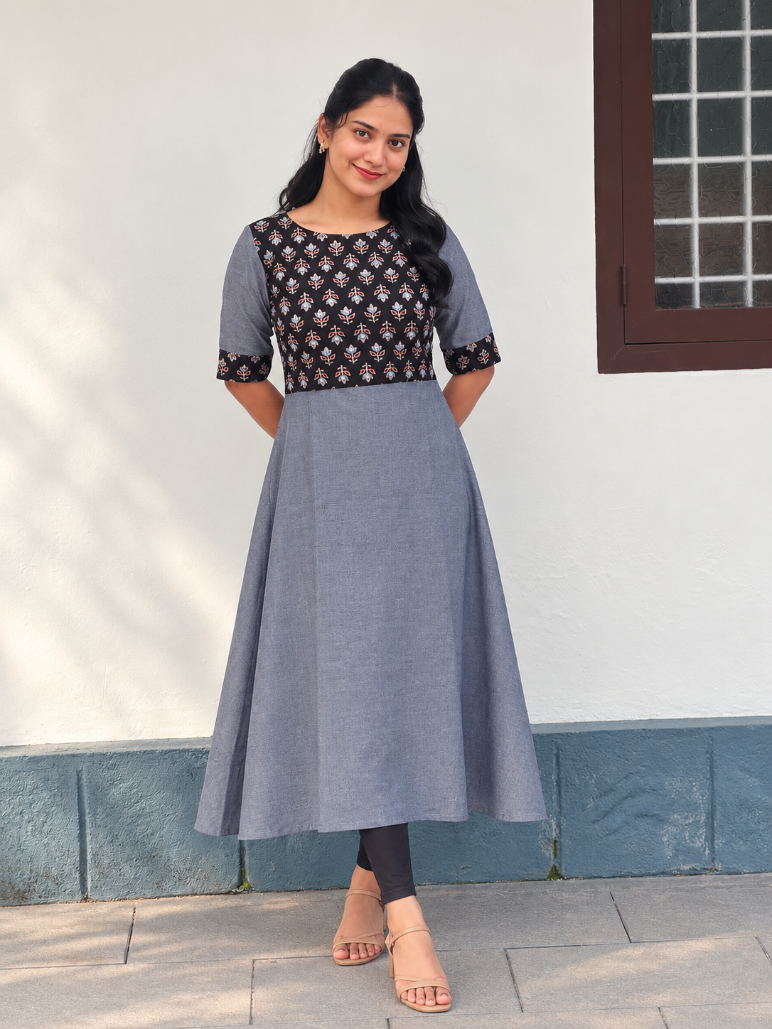Megha - Mirror Embroidered Ajrakh Fusion A line Kurta