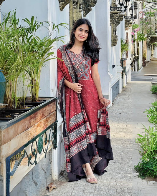Sonam - Ajrakh Handblock Printed Kurta & Dupatta Set