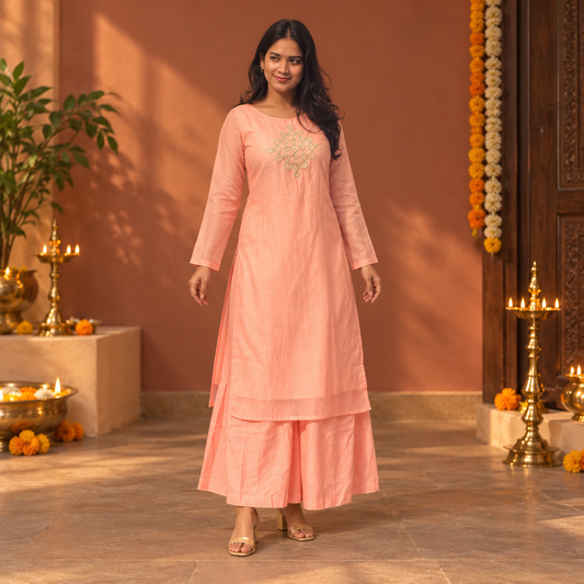 Aaba - Peach Pure Chanderi Silk Kurta
