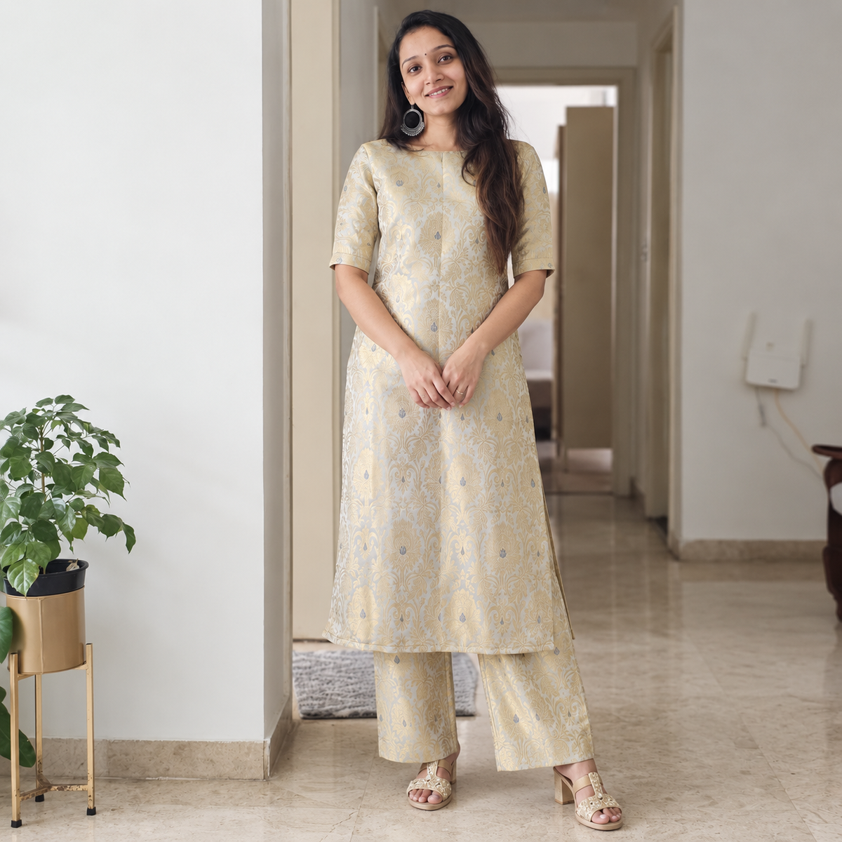 Raaga - Grey Semi-Banarasi Silk Kurta
