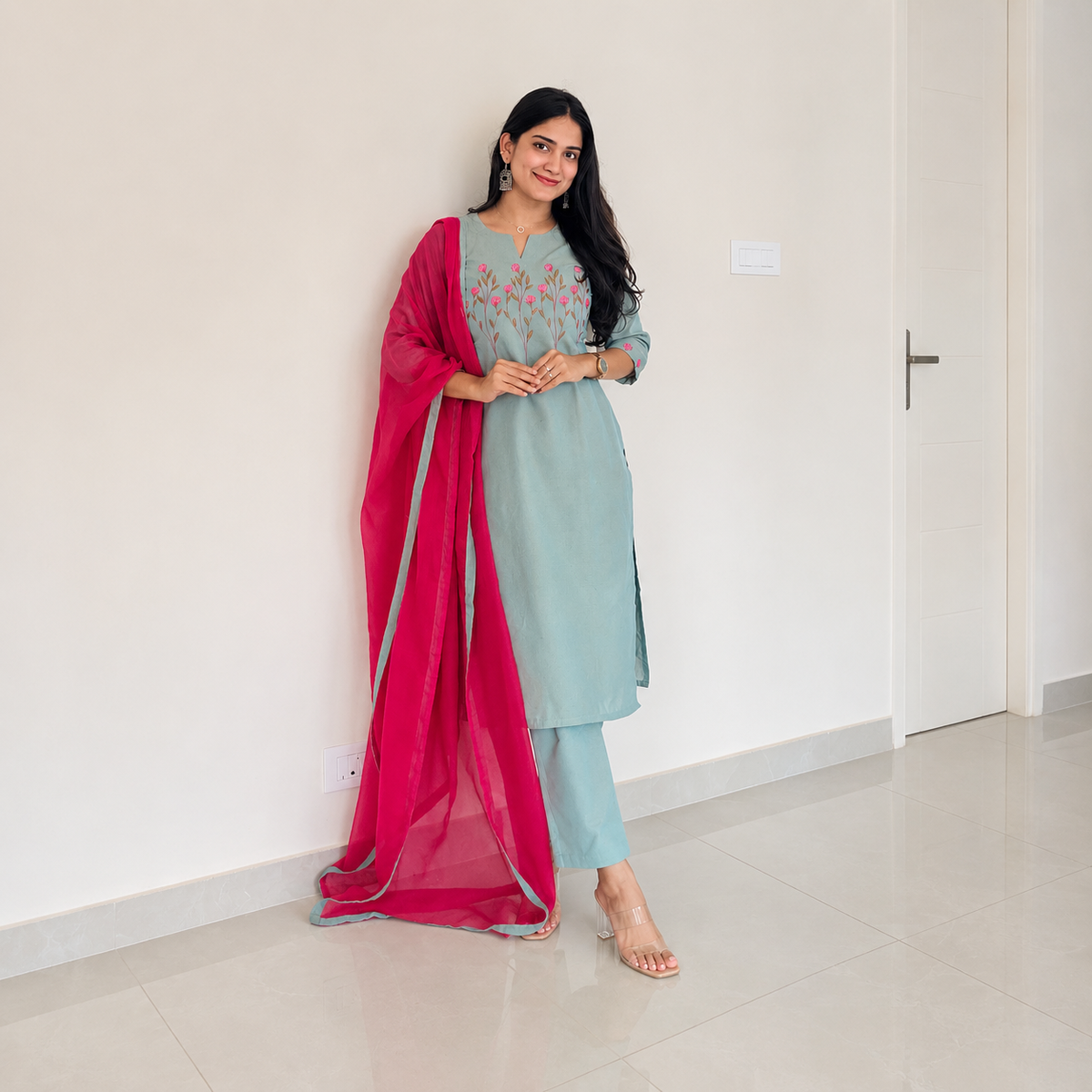 Kamali - Handloom Cotton Embroidered Straight Kurta and Kota Dupatta Set