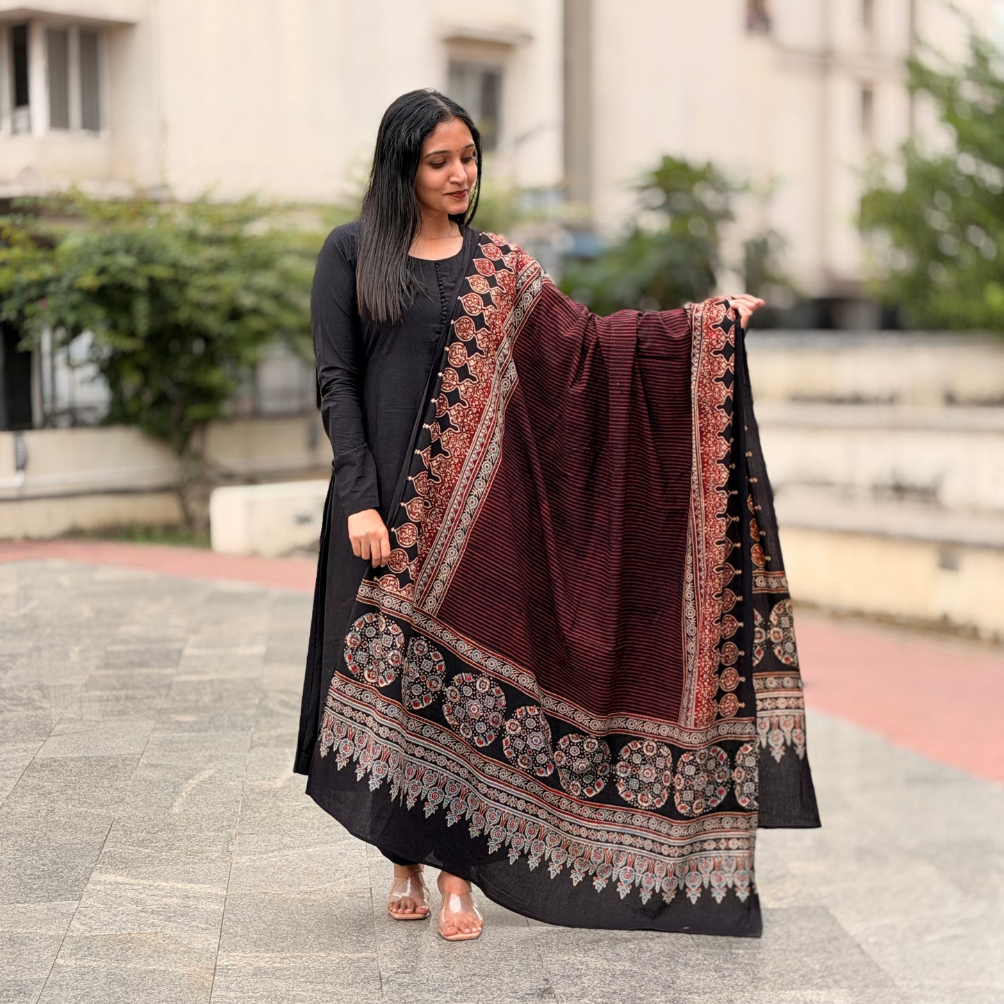 Kaarigai - Black A line Kurta and Ajrakh Handblock Printed Dupatta Set