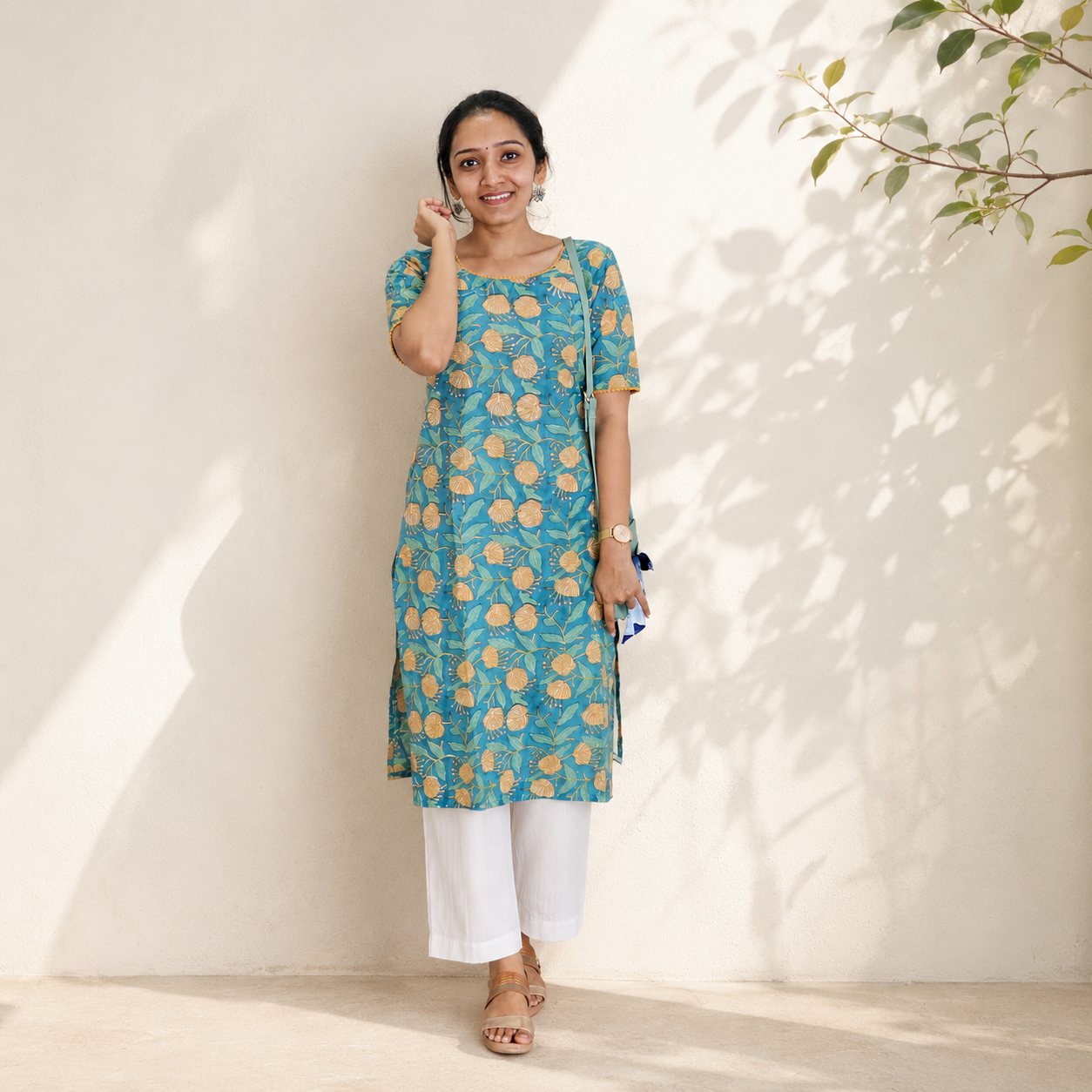 Aqua Blossom - Sanganeri Handblock Printed Mul cotton Kurta