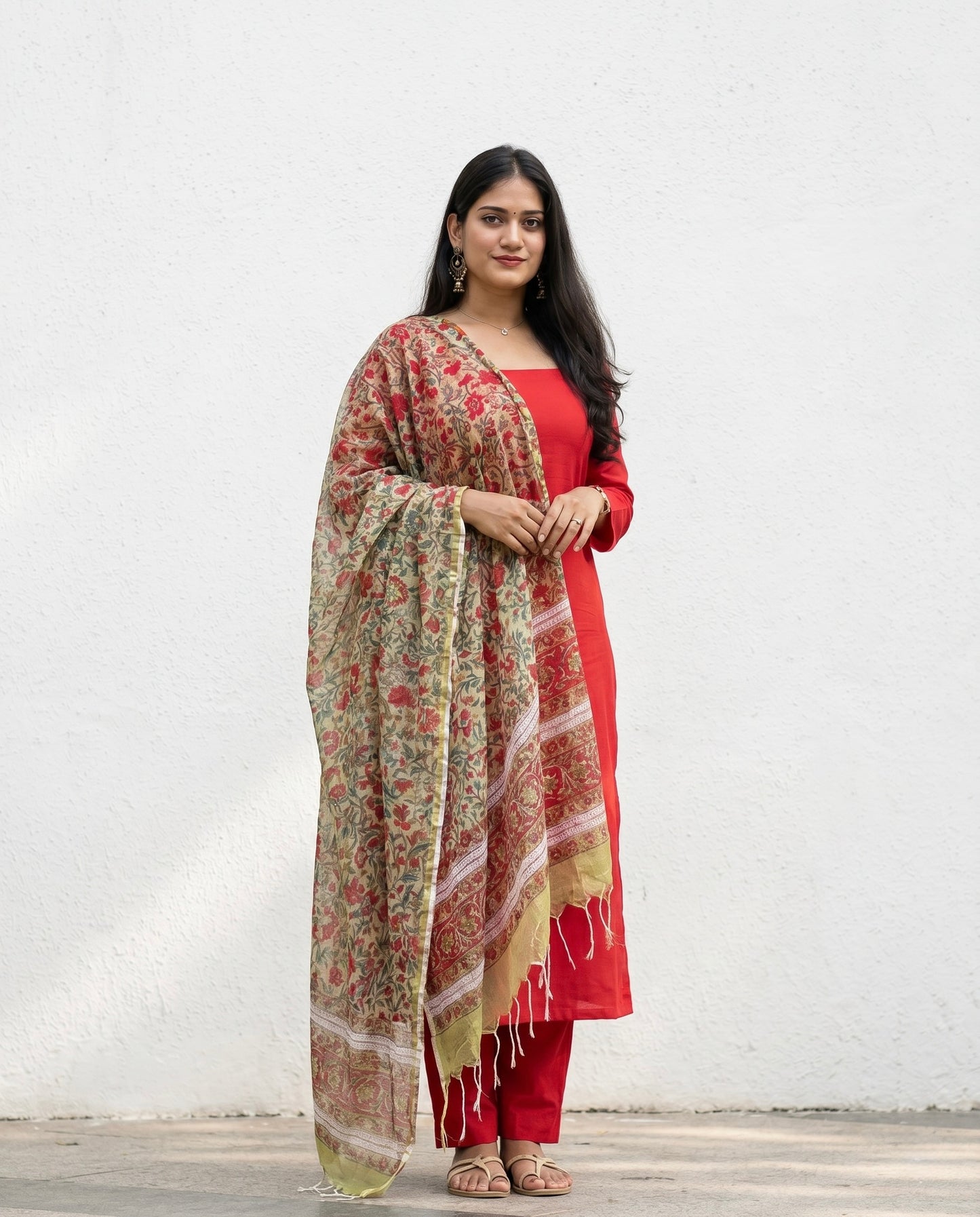 Gulmohar - Slub Cotton Kurta and Sanganeri Handblock Printed Dupatta Set