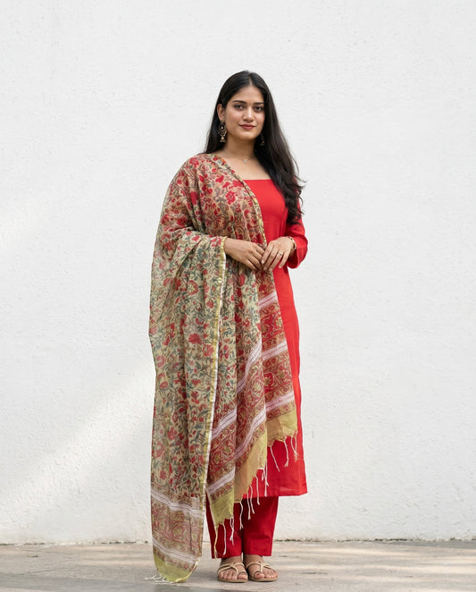 Gulmohar - Slub Cotton Kurta and Sanganeri Handblock Printed Dupatta Set