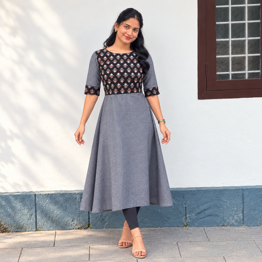 Megha - Mirror Embroidered Ajrakh Fusion A line Kurta