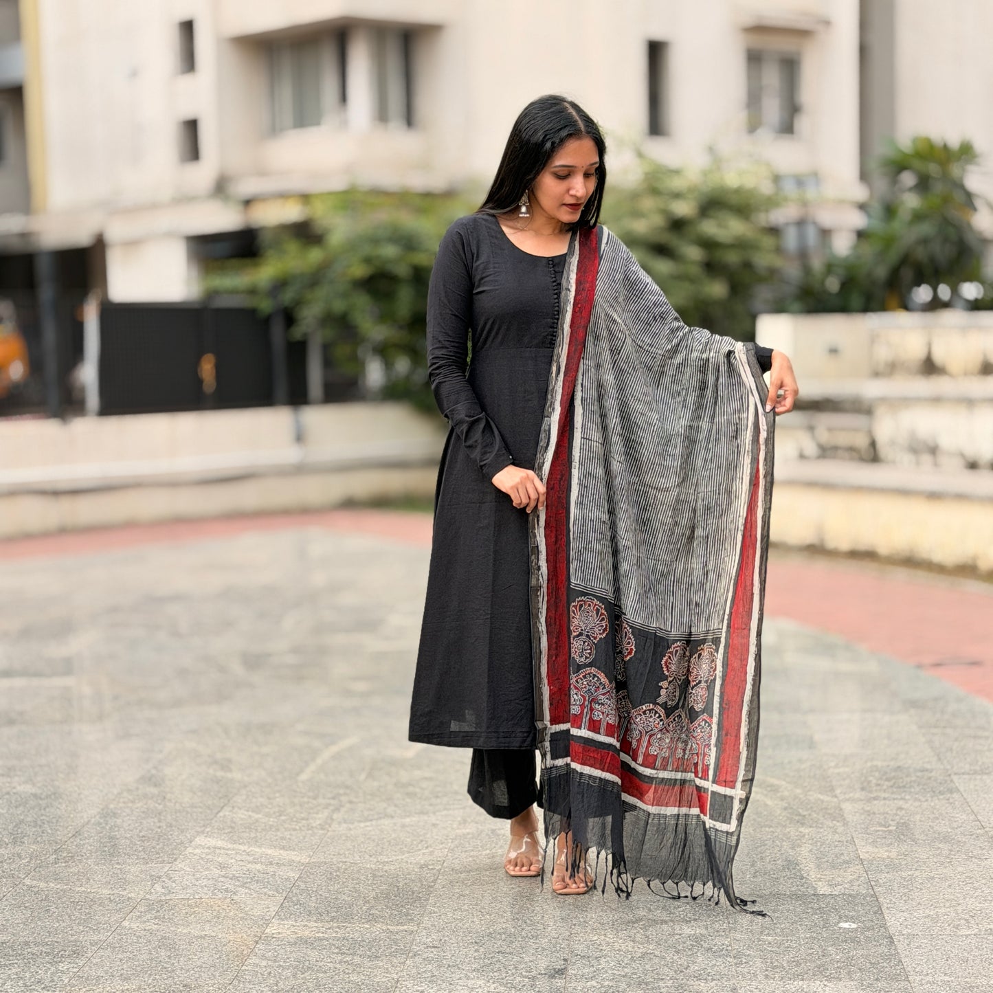 Thira - Black A line Kurta and Ajrakh Handblock Printed Barmer Dupatta Set