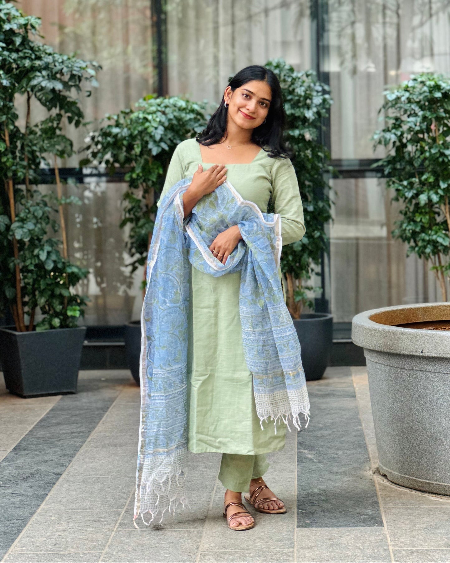 Sindhuja - Slub Cotton Kurta and Sanganeri Handblock Printed Dupatta Set