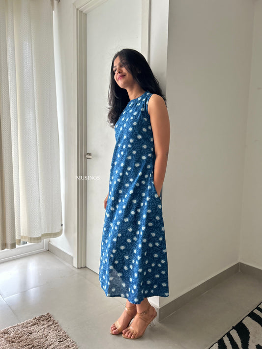 Indigo Charm - Handblock Printed A line Dress